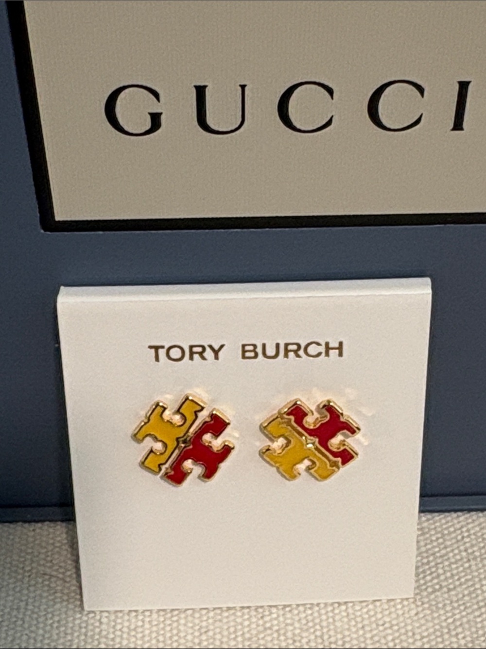 New Tory Burch Red & Yellow Logo Stud Earrings With Silver Hardware - Picture 2 of 3